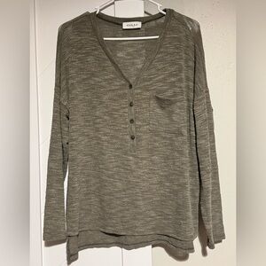 GILLI long-sleeve henley shirt top olive green marled knit fabric Size Small
